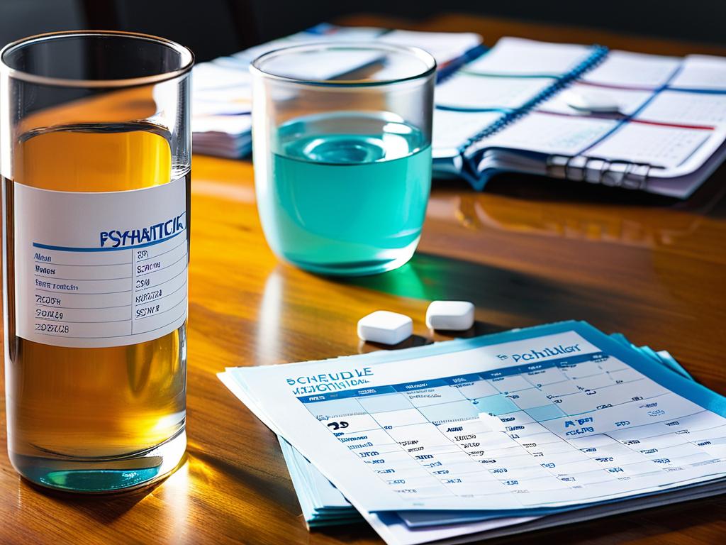 Куча упаковок с психиатрическими препаратами на столе рядом со стаканом воды и календарем со