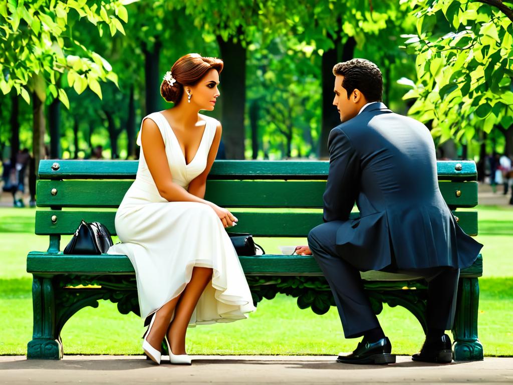 Супружеская пара сидит на скамейке в парке и серьезно разговаривает после измены мужа