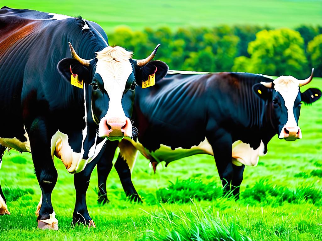 Голландские коровы пасутся на лугу, поедают траву