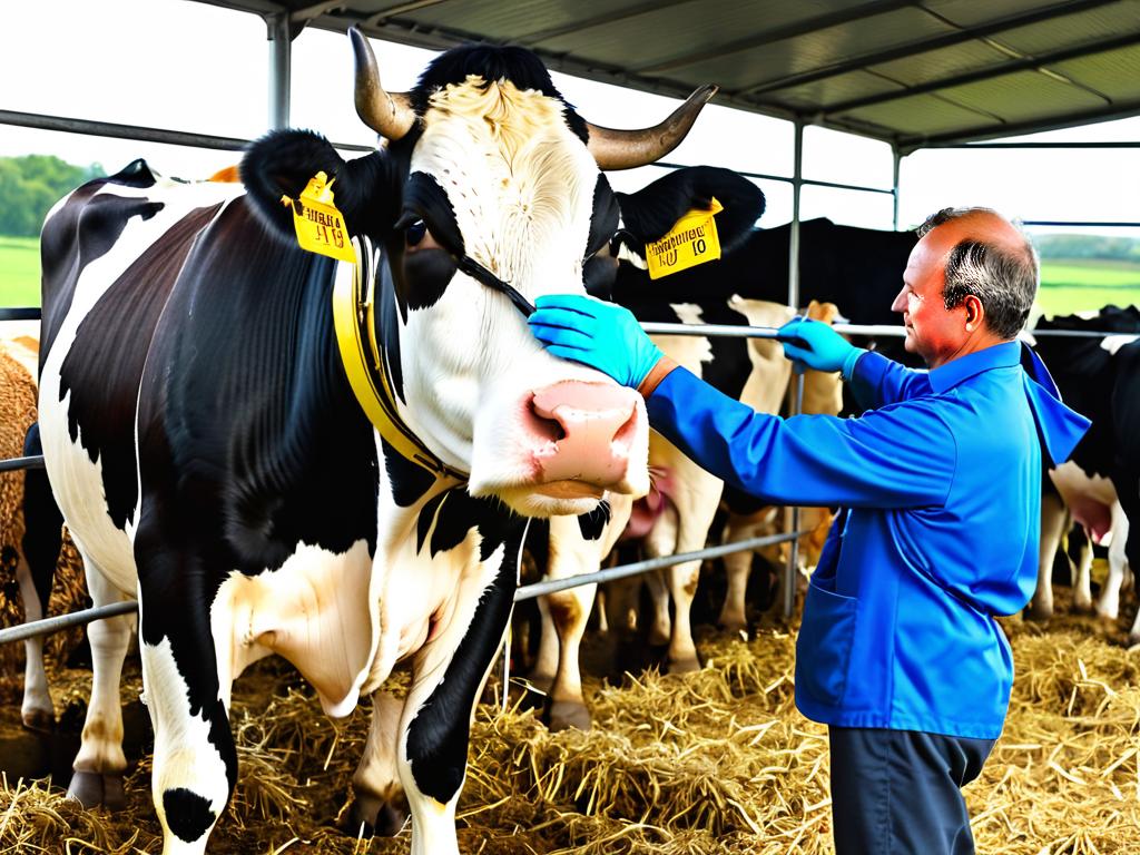 Фермер проверяет вымя коровы на наличие мастита