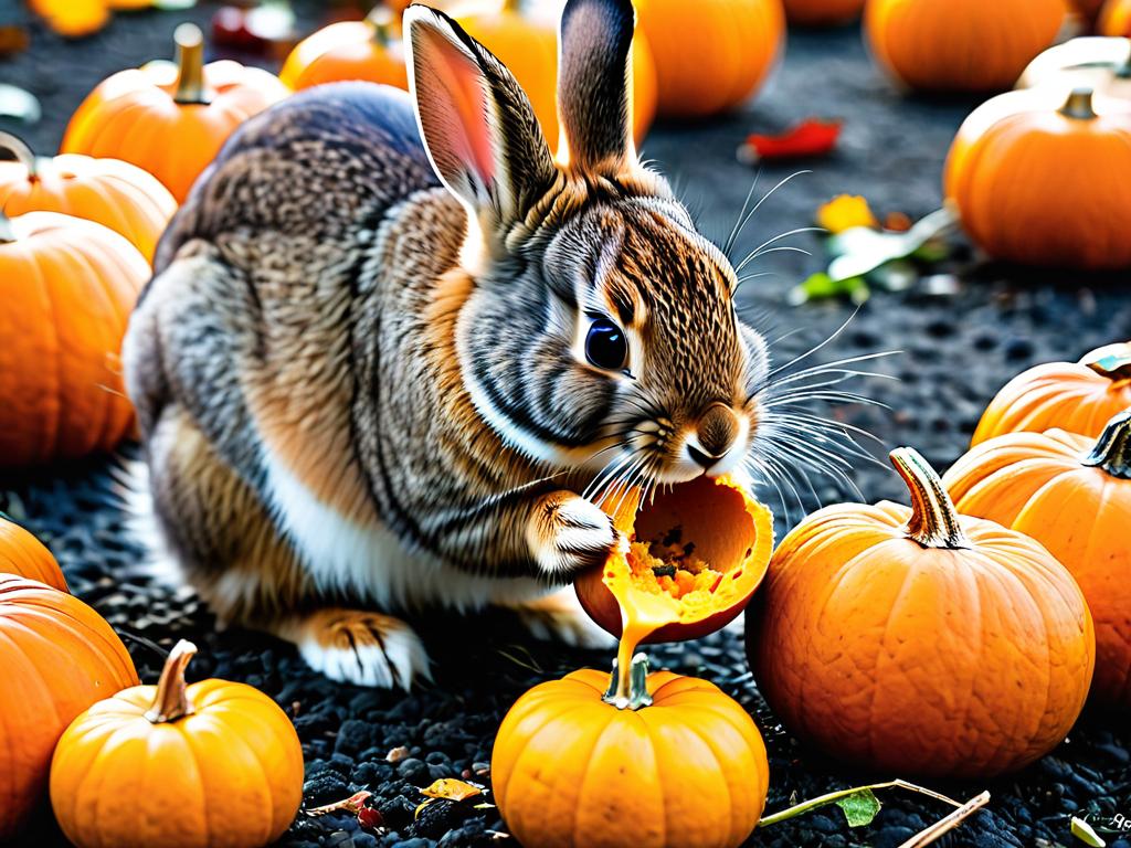 Кролик, поедающий кусочек тыквы