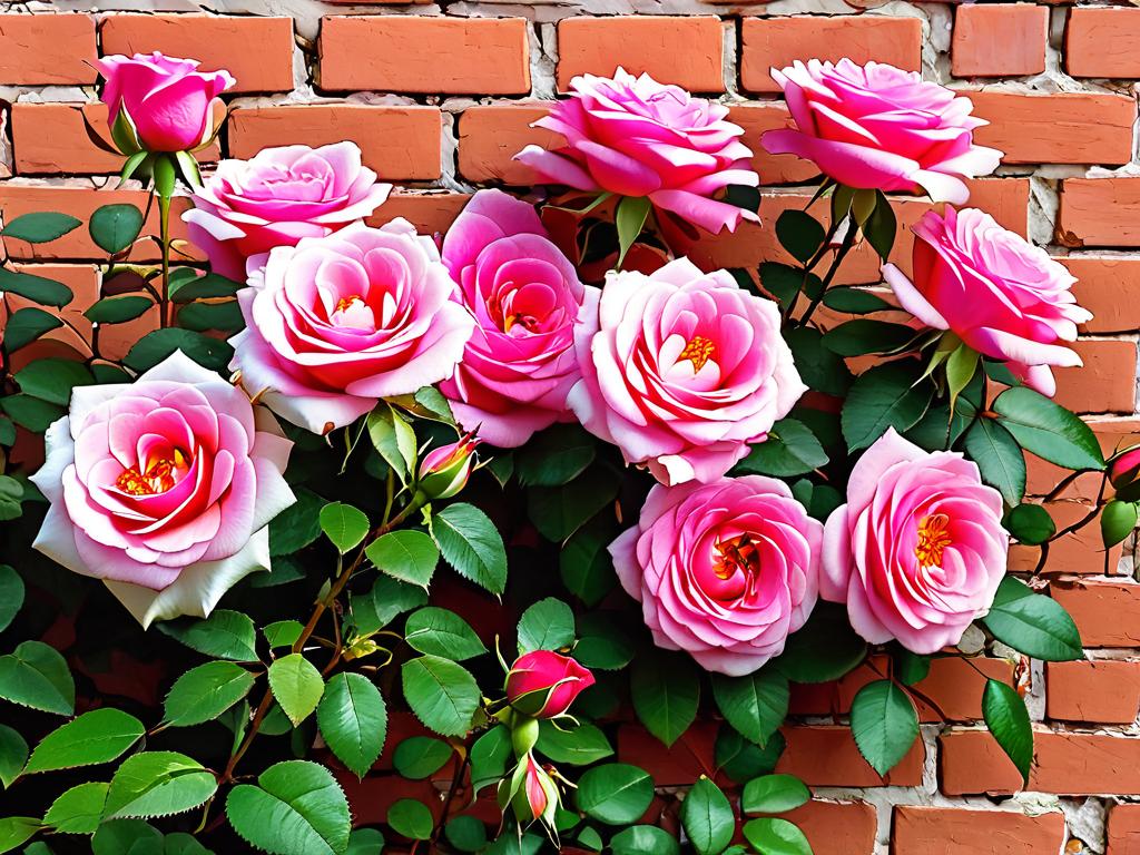 Плетистые розы на кирпичной стене