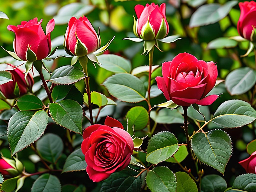 Бутоны красной плетистой розы на зеленом кусте