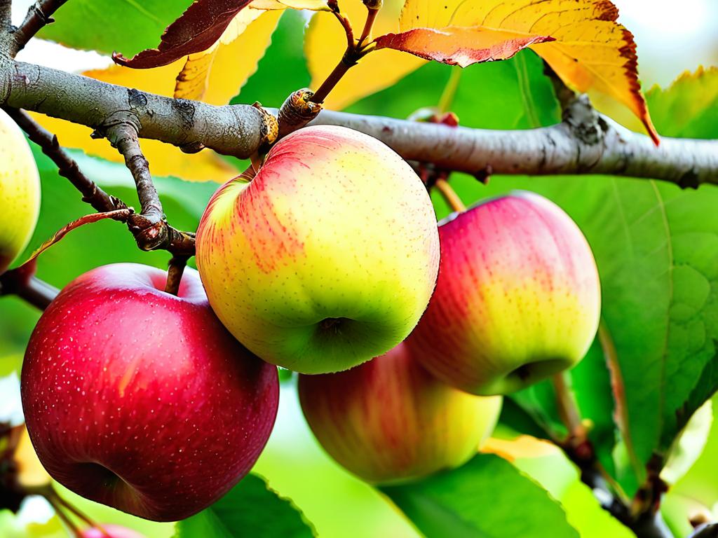 Крупный план яблок Анис на ветке дерева с листьями