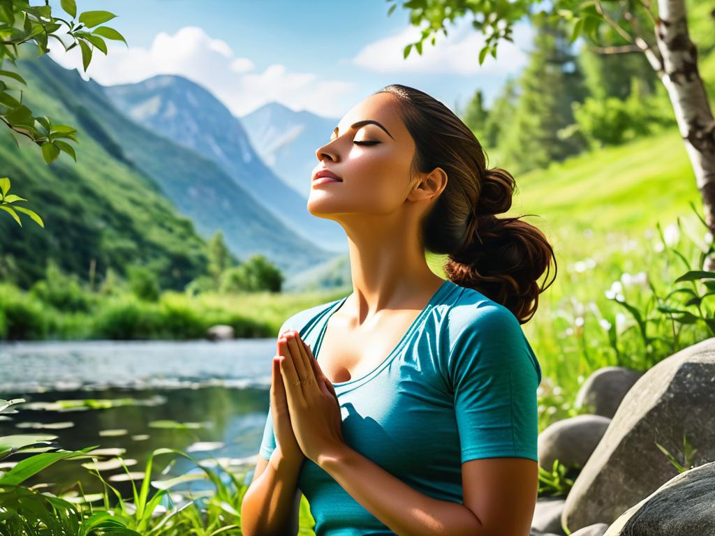 Женщина практикует дыхательную медитацию на природе
