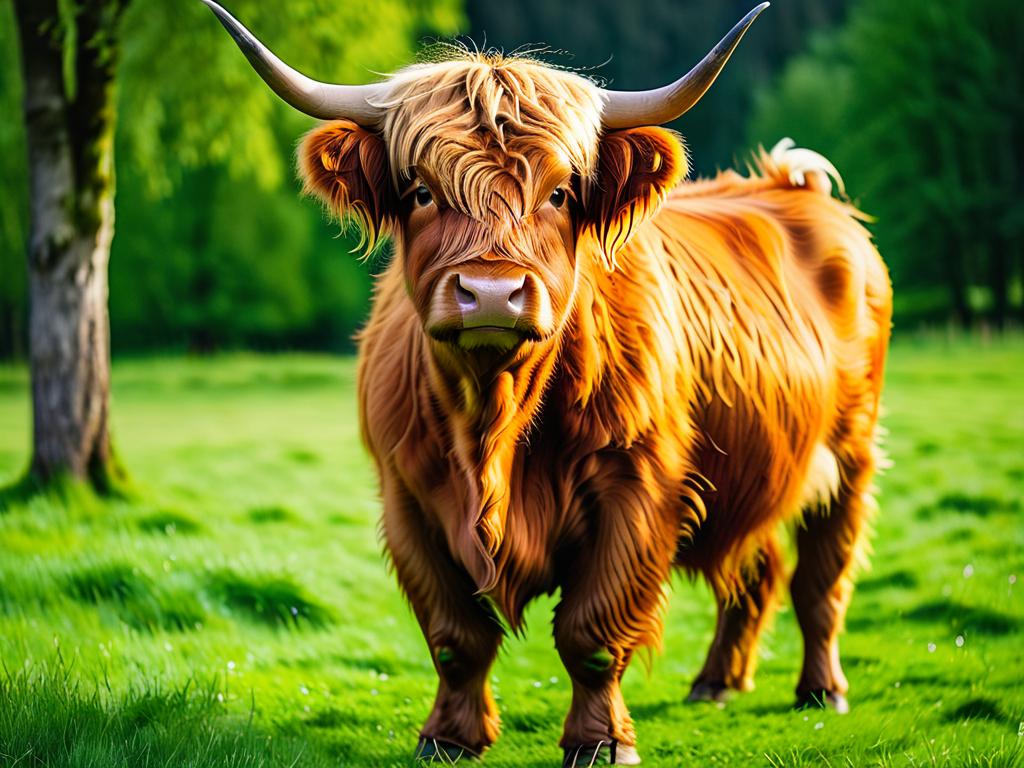 Рыжая корова породы хайленд стоит на зеленой траве и смотрит в камеру
