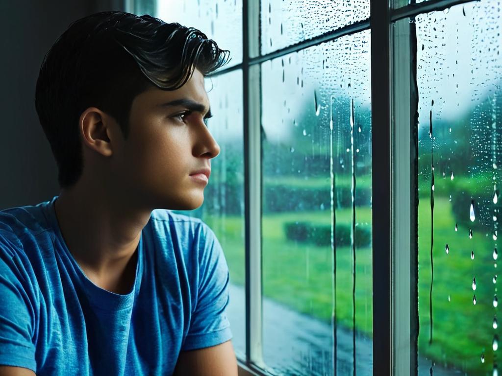 Грустный молодой человек задумчиво смотрит в дождливое окно