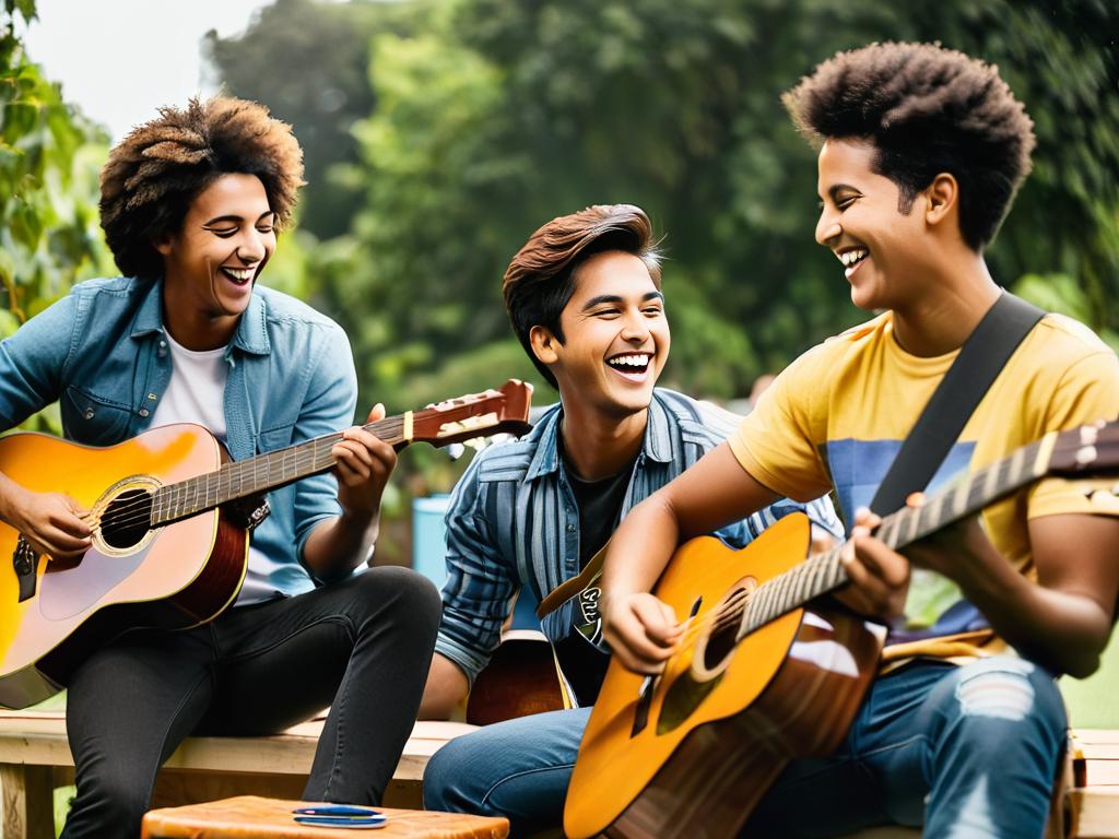 Молодой человек счастливо играет на гитаре с друзьями
