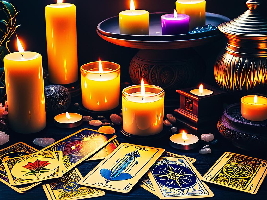 Мистическая атмосфера гадания с картами Таро и свечами