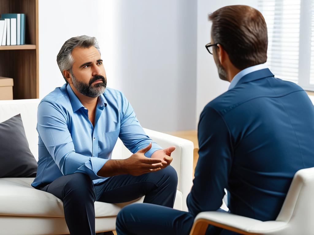 Мужчина средних лет разговаривает с психологом о своих чувствах после развода