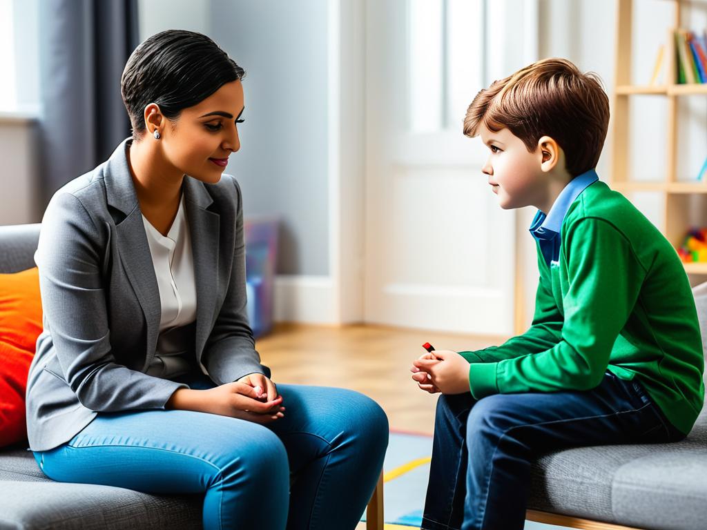 Психолог разговаривает с аутичным мальчиком во время сеанса терапии