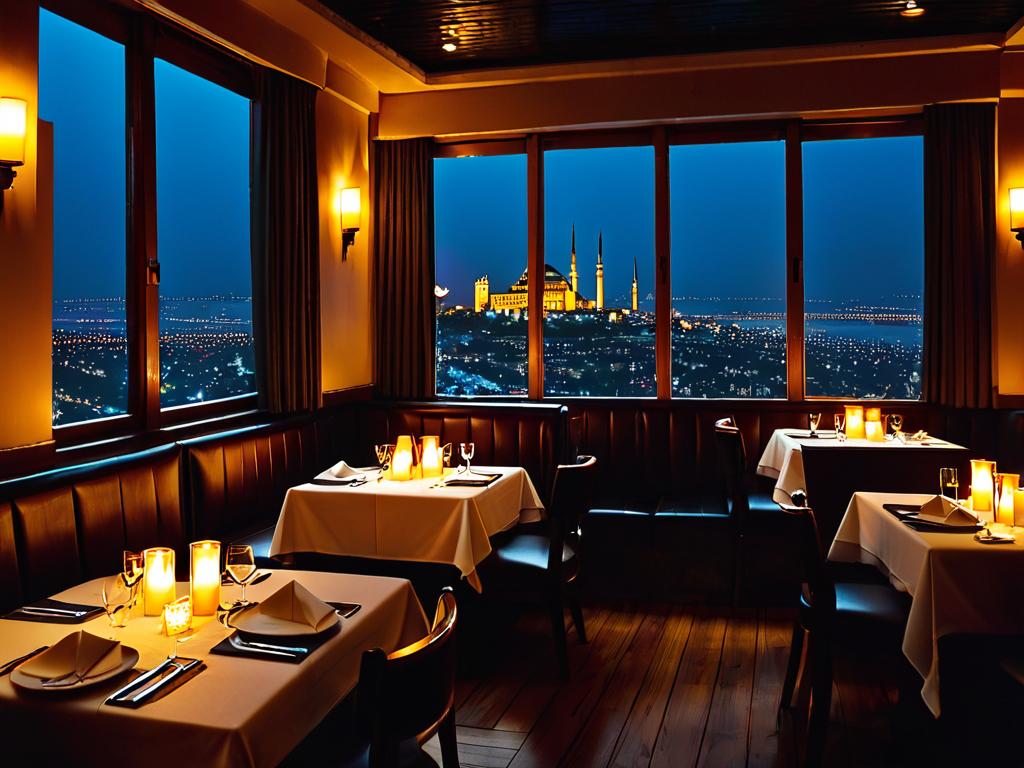 Уютный ресторан с приглушенным светом, свечами на столах и видом на ночной город в окне