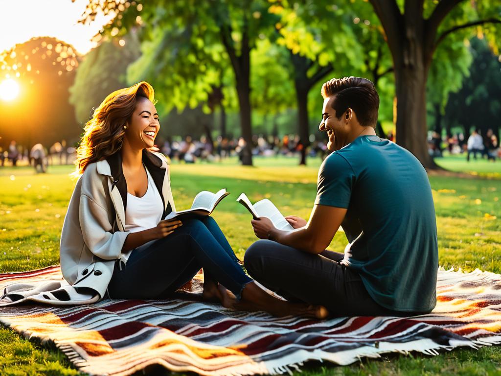 Пара сидит на пледе в парке на закате, разговаривает и смеется