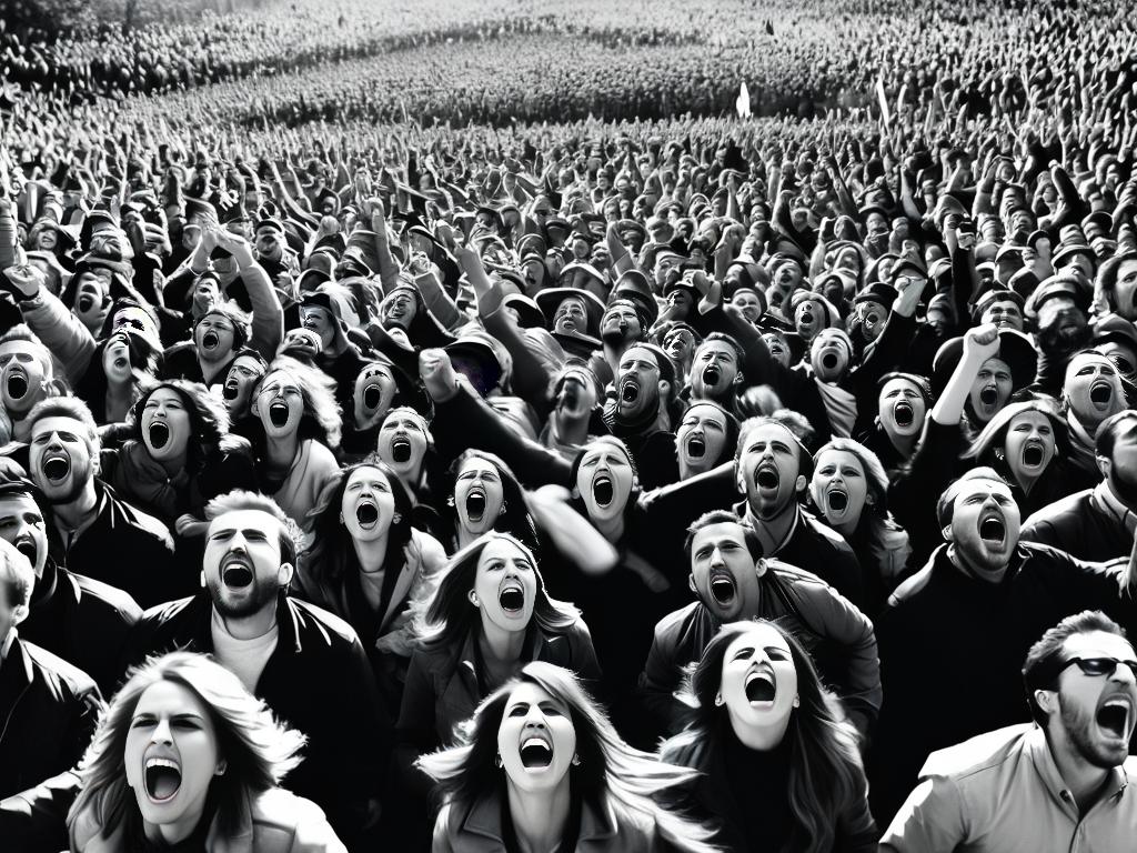 Черно-белая фотография кричащей толпы, иллюстрирующая бессознательные импульсы, проанализированные