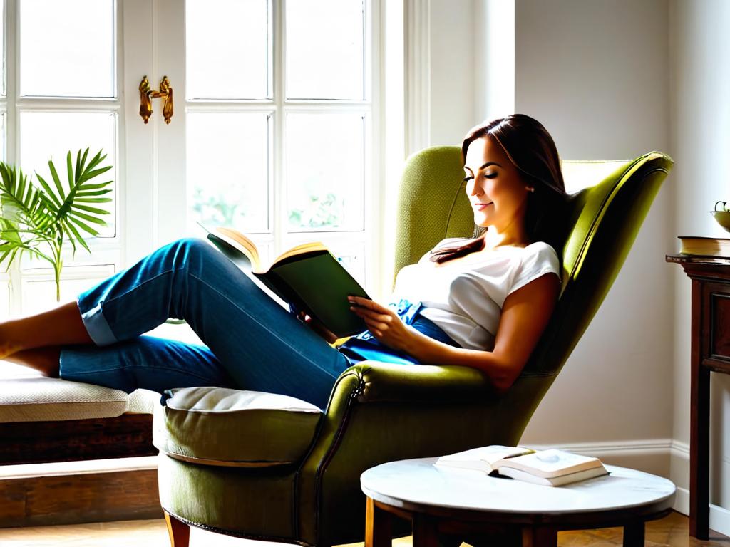 Женщина расслабляется в кресле с книгой