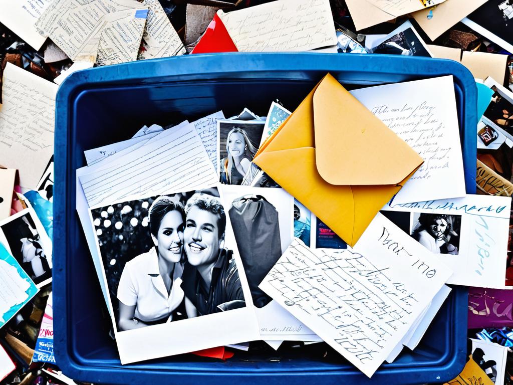 Куча воспоминаний о прошлых отношениях - фотографии, подарки, письма лежат в мусорном ведре