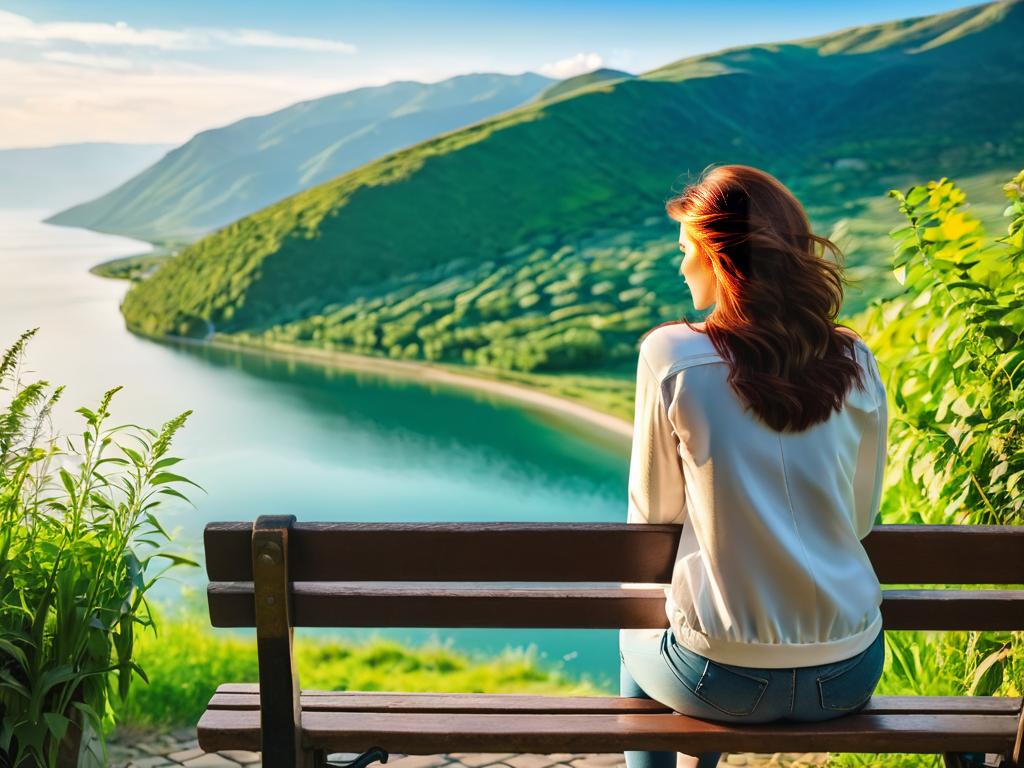 Женщина сидит на скамейке, любуясь живописным видом природы, чтобы эмоционально отстраниться от