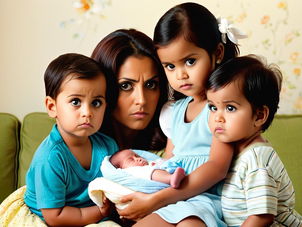 Двое ревнивых детей, мальчик и девочка, смотрят на маму, держащую на руках младенца