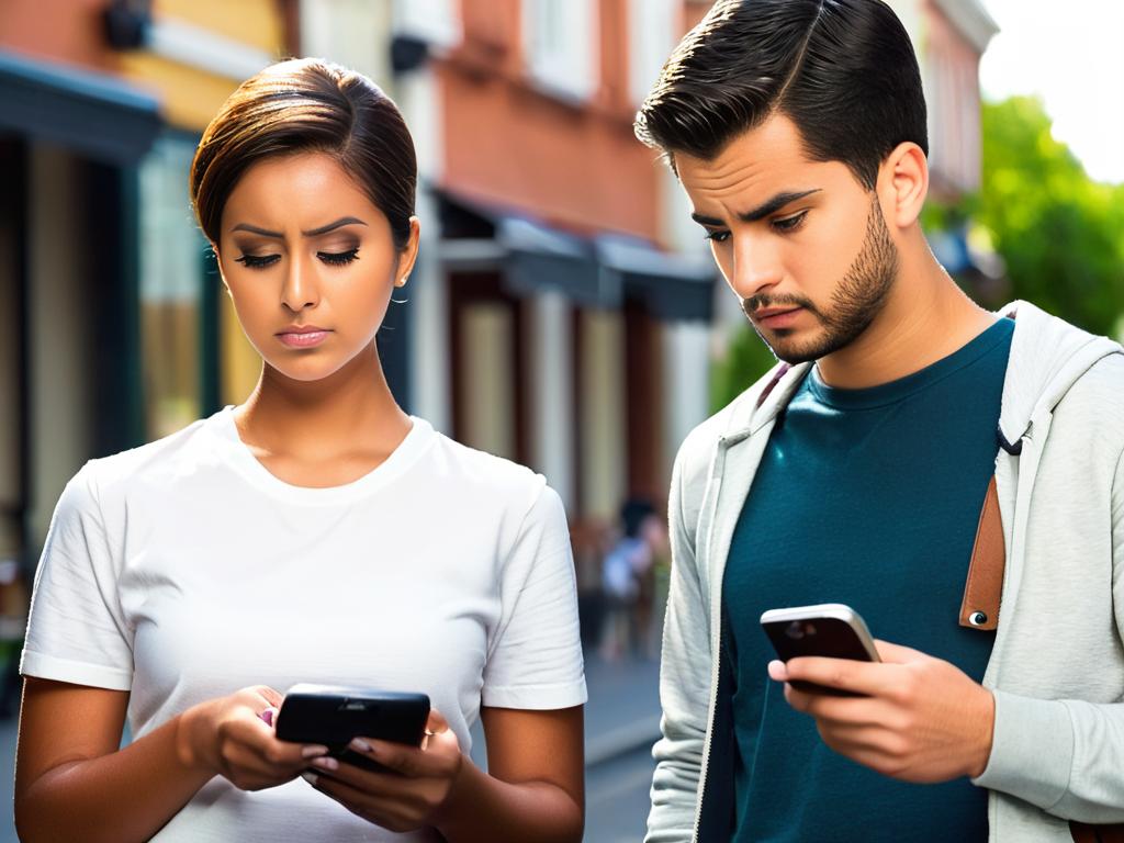 Молодой человек с подозрением смотрит на то, как его девушка переписывается по телефону с другим