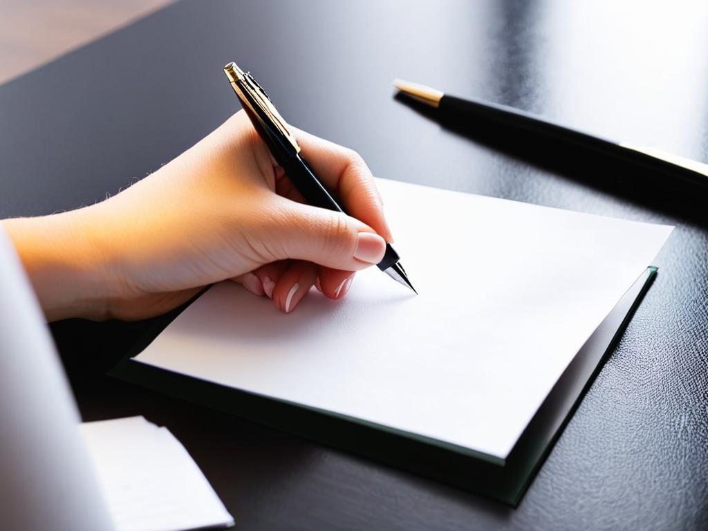 Женщина держит ручку над чистым листом бумаги, готовая написать письмо. Это иллюстрирует принятие