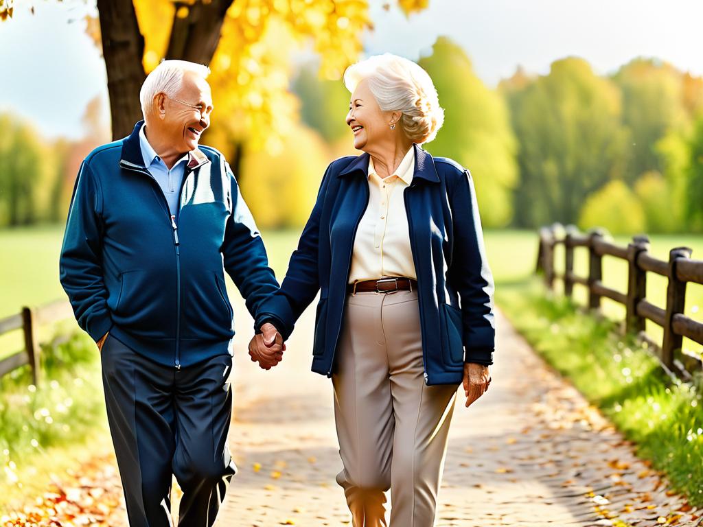 Улыбающаяся пожилая пара, гуляющая на улице и держащаяся за руки