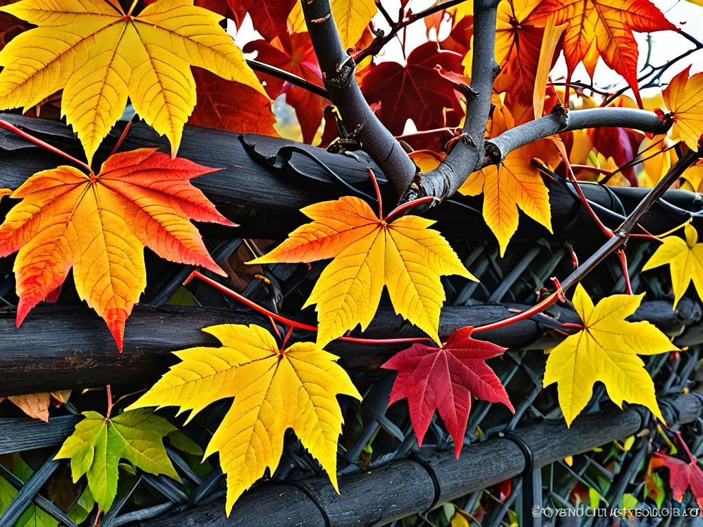 Листья на лозе винограда осенней окраски перед зимней обрезкой