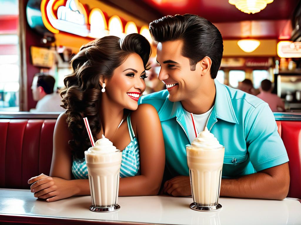 Счастливая молодая пара пьет молочные коктейли в кафе