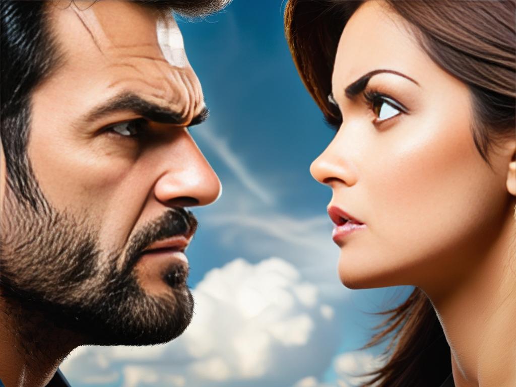 Мужчина и женщина смотрят друг на друга сердито, между ними явно напряжение в отношениях