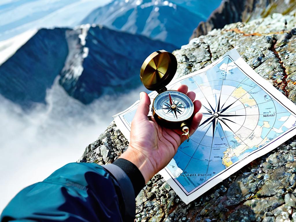 Человек с компасом смотрит на карту на вершине горы