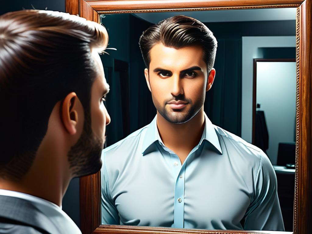 Нарциссичный мужчина смотрит в зеркало и видит себя успешным бизнесменом
