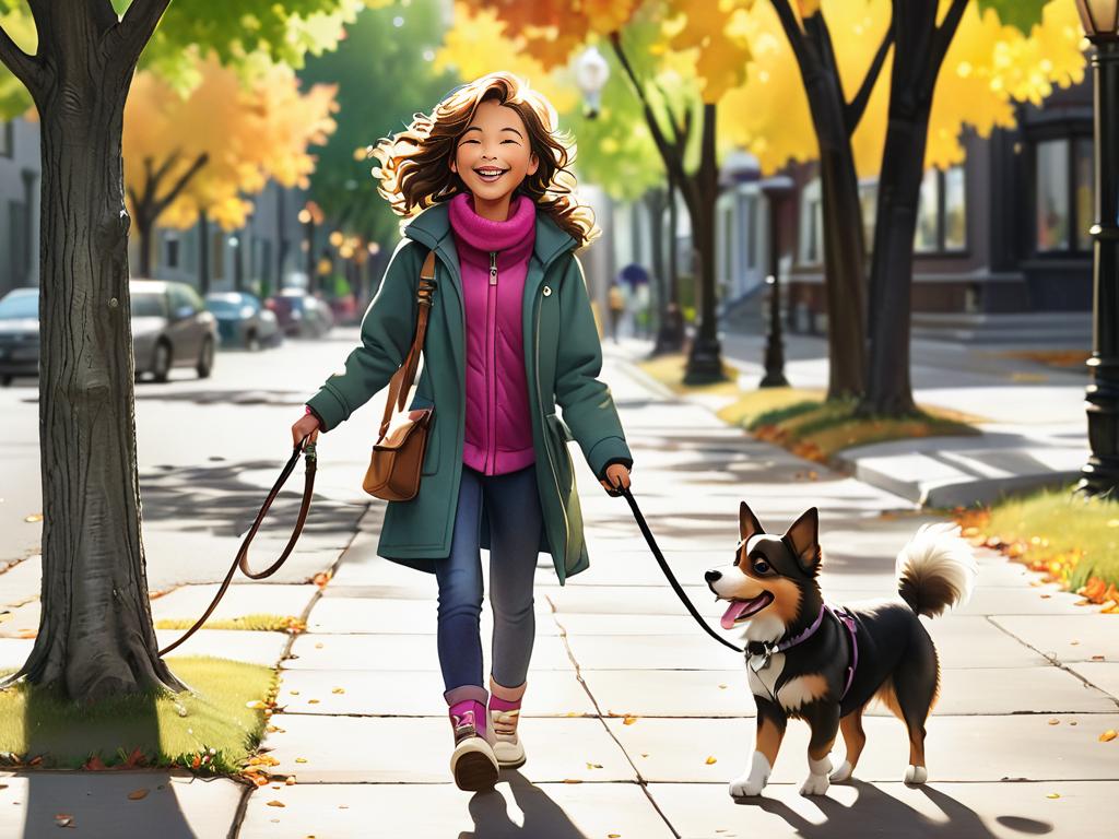 Девочка выгуливает собаку на поводке по тротуару с деревьями, счастливо улыбаясь