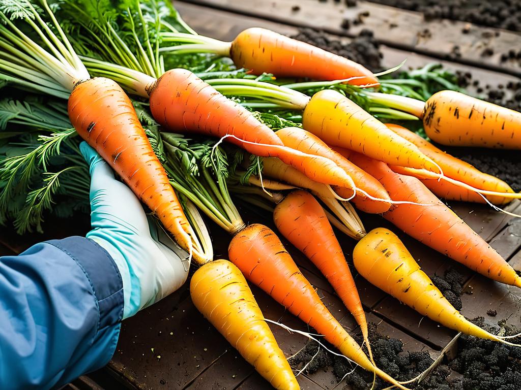 Человек держит пучок только что собранной моркови, проверяя ее качество перед хранением