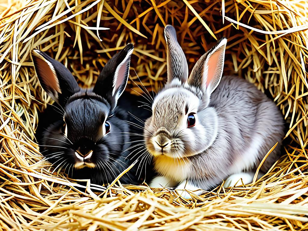 Крольчата прижимаются друг к другу в мягком сене