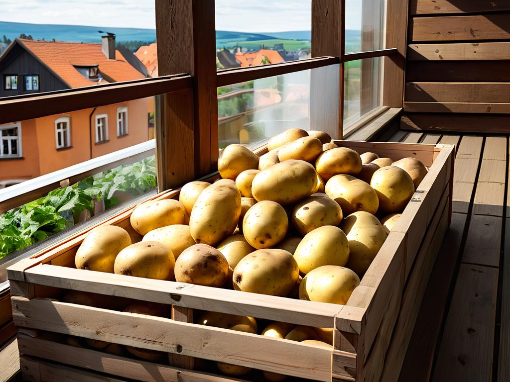 Картошка в деревянном ящике с лампой на балконе