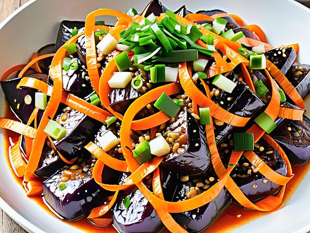 Острые корейские баклажаны с морковью и зеленым луком как гарнир