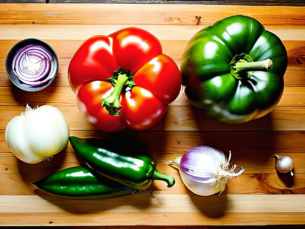 Основные ингредиенты для лечо - спелые помидоры, болгарский перец и лук на деревянном столе