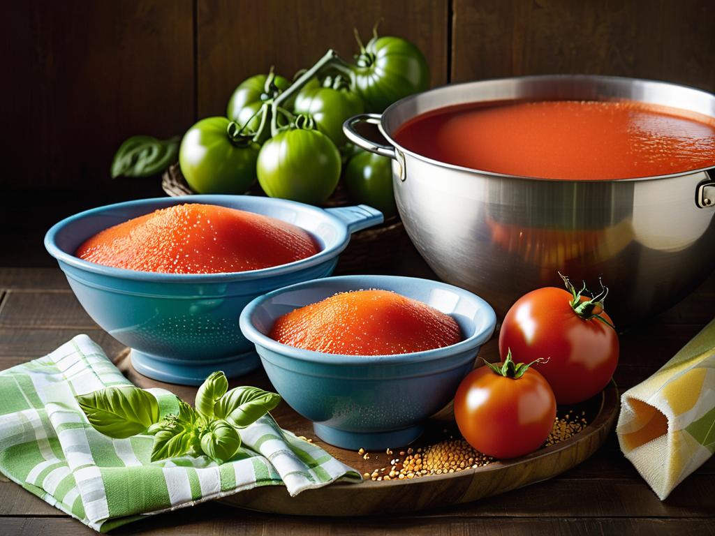 Миски с томатным соком и мякотью, сито, помидоры