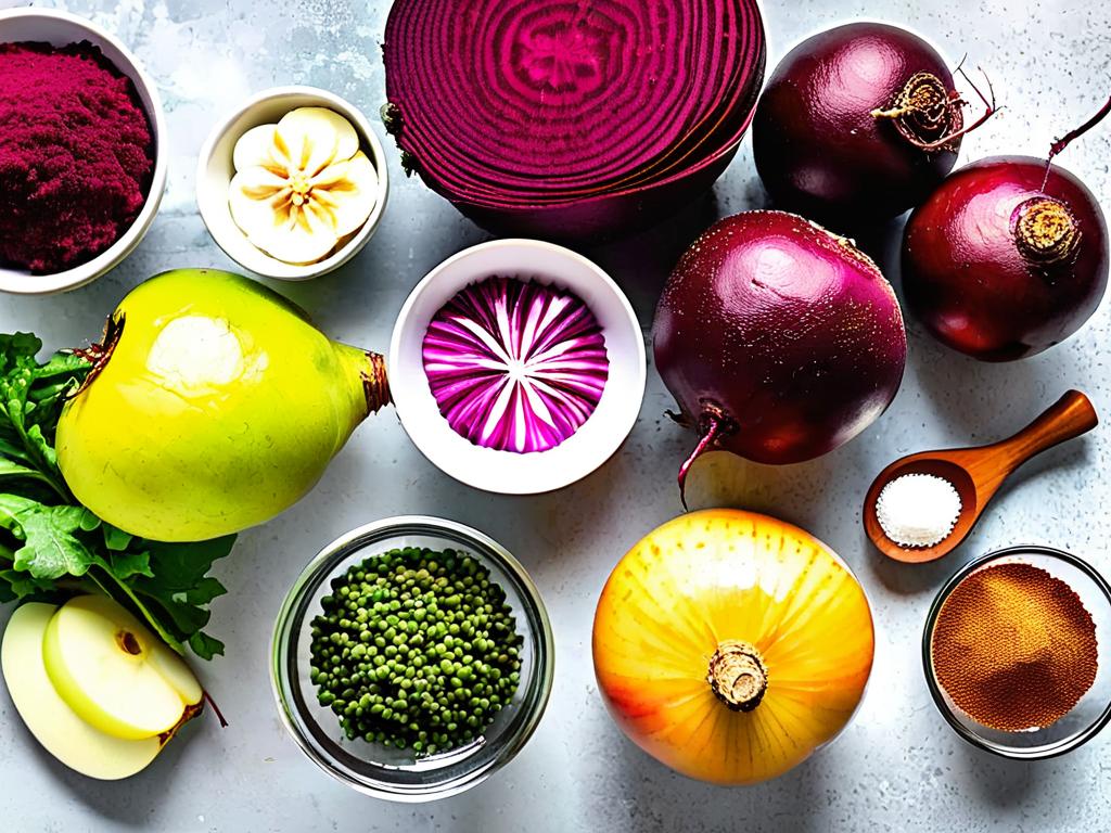 Ингредиенты, необходимые для приготовления салата из свеклы: свекла, яблоки, чеснок, специи, уксус