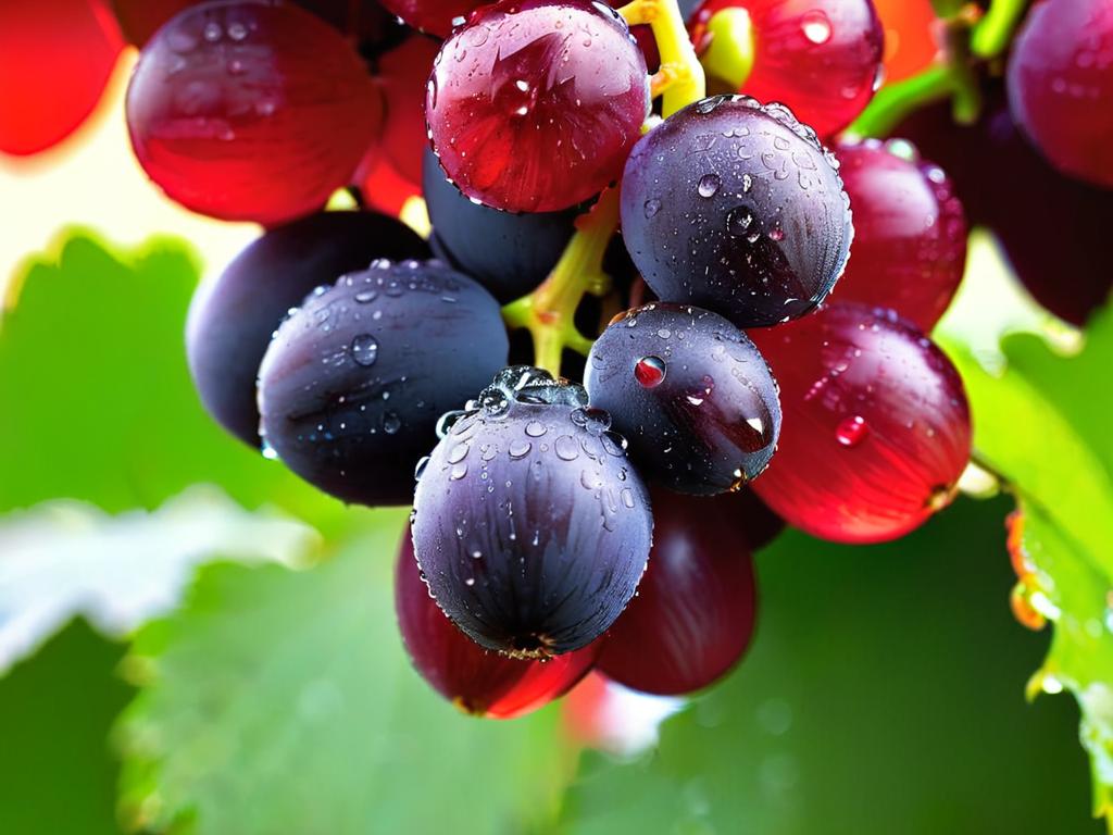 Макросъемка красной виноградной ягоды с каплями утренней росы