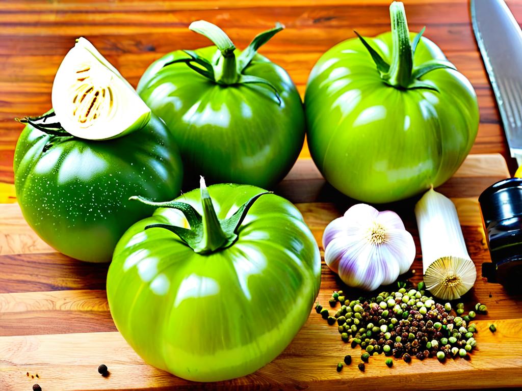 Зеленые помидоры, чеснок, специи и ингредиенты для маринада на разделочной доске
