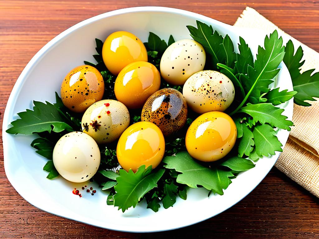 Подача маринованных перепелиных яиц в белой миске, украшенных зеленью и пряностями