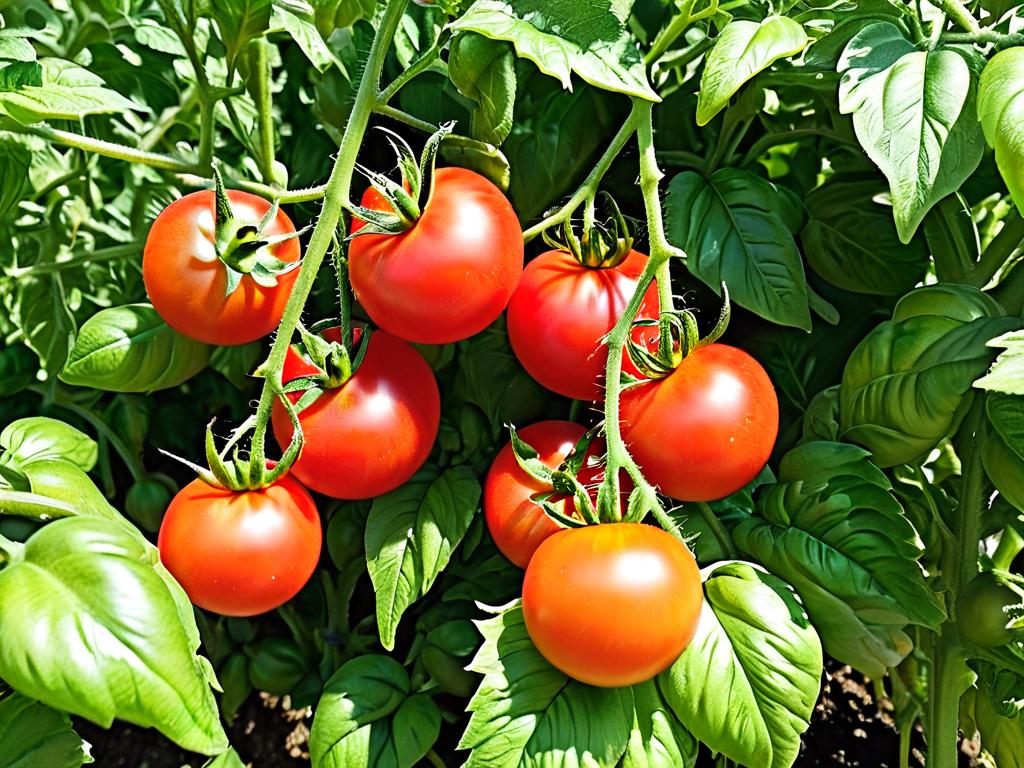 Крупный план куста томатов с созревающими красными помидорами