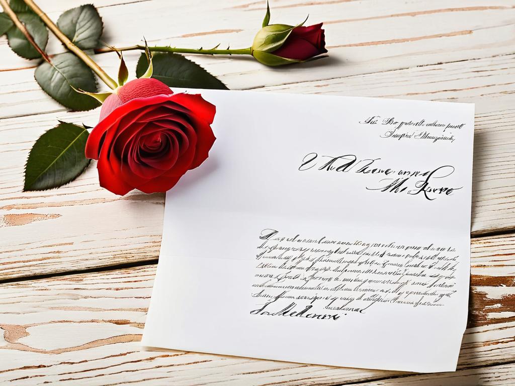 Рукописное любовное письмо лежит рядом с красной розой