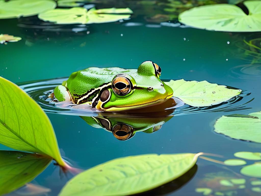 Лягушка откладывает икру на листья под водой