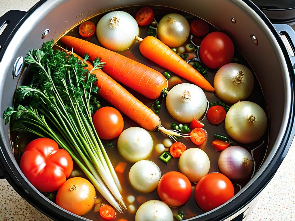 Свежие овощи - морковь, лук и помидоры для ароматной тушенки из кролика в автоклаве. Описание