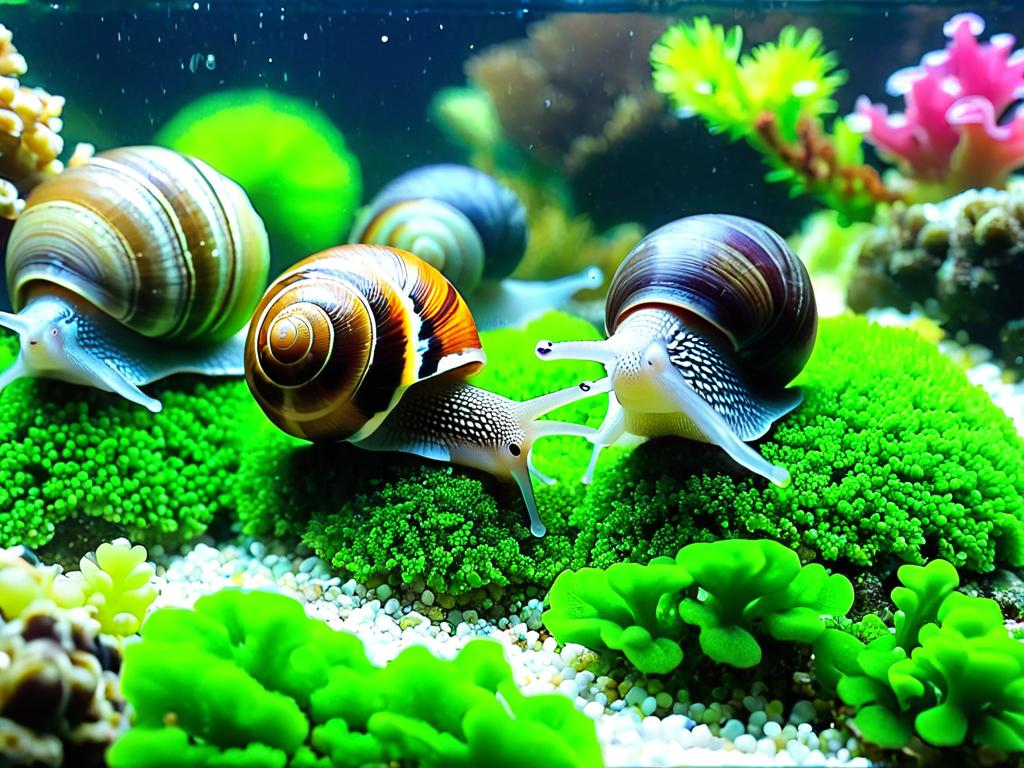 Фото аквариумных улиток, поедающих водоросли с декораций. Поддержание оптимальной среды помогает