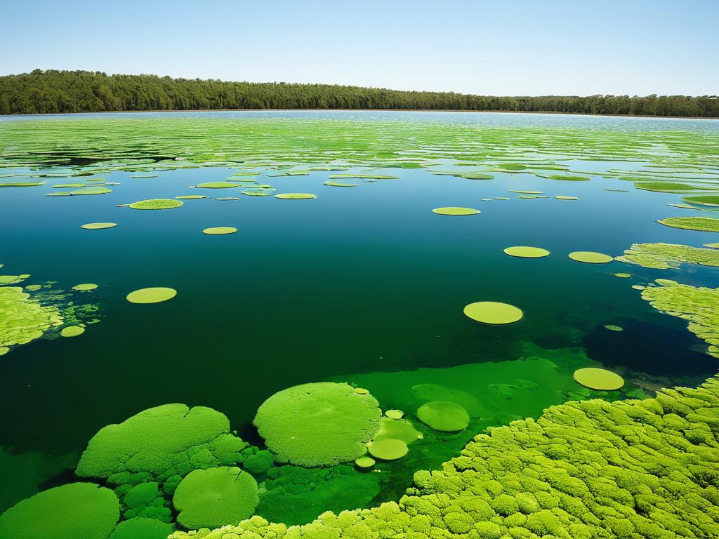 Водоросли, растущие в озере. Это иллюстрирует важную роль водорослей в пресноводных экосистемах.