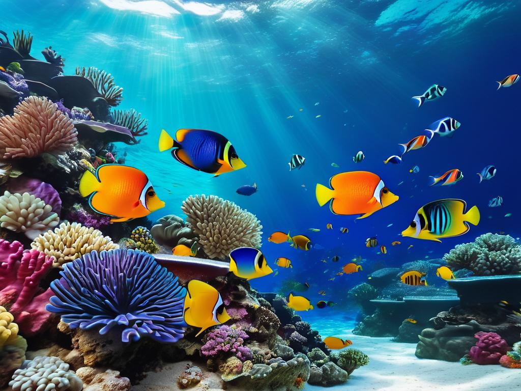 Разноцветные аквариумные рыбки плавают над декорациями кораллового рифа в псевдоморе