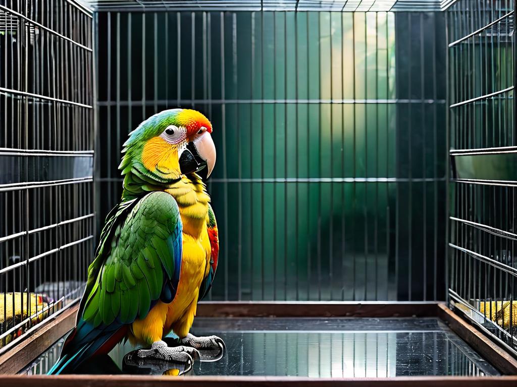 Одинокий попугай сидит в пустой клетке и смотрит на свое отражение в зеркале.