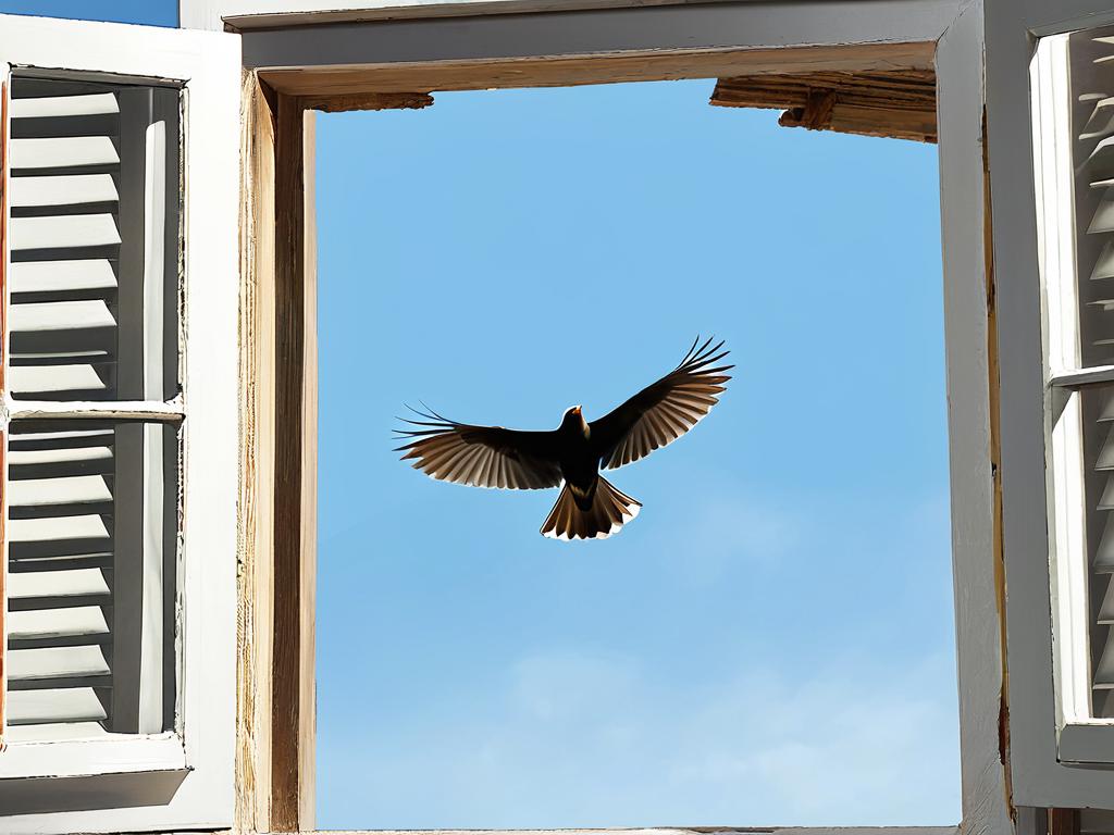 Открытое окно, через которое птица вылетает наружу